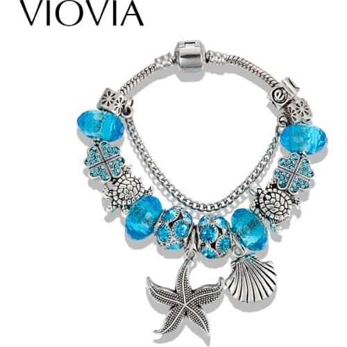 VIOVIA New Summer Bohemian Antique Silver Color Shell Charm Beads Fits European Blue Pulseras Women Bracelets & Bangles B16055