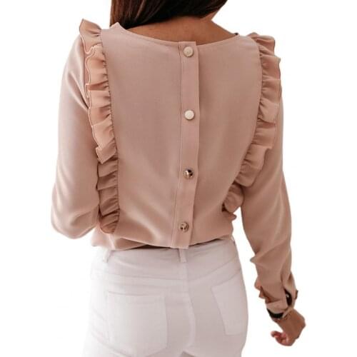 New Autumn Women Elegant Blouse Solid Color Ruffles Decor Plus Size Buttons O Neck Long Sleeve Office Womens Shirts