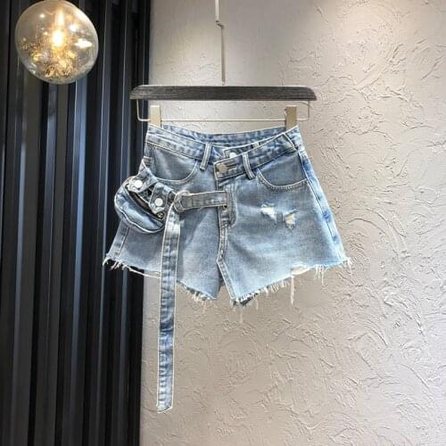 Summer High waist Light blue Loose Denim Shorts Women Fashion Detachable Belt bag Lace-up Hole Female Jeans Shorts