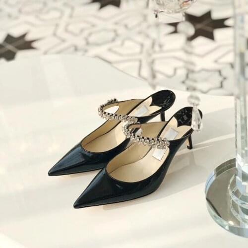 Women Sexy New Fashion Mules Rhinestone High Heel Sandals Black Ladies Brand Designer Sheepskin Insole Pumps Shoes Slingback