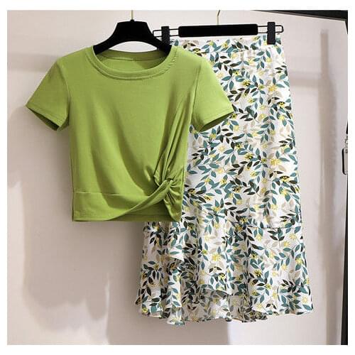 Women 2020 Summer Fashion T Shirt 2-piece Set Off Female Short Sleeve Basic Tees+High Waist Printed Skirt Sets Fashion Suit L67