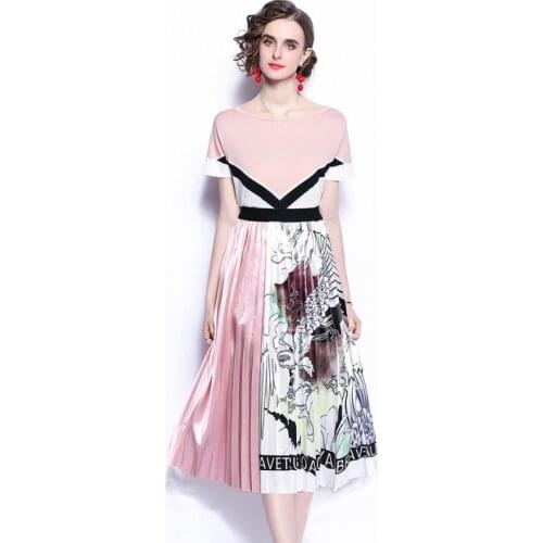 Summer Elegant Women Office Suit Color Contrast Short Sleeve Knit Tops + Elastic Waistline A Line Pleated Skirt Two Piece Set