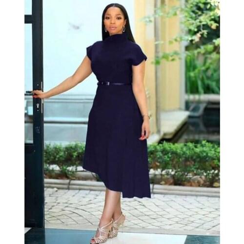 Elegant Office Ladies Short-sleeve Work Wear Modest Dress Red Blue Knee Length Women Lrregular Dress 2021 Summer Party Plus Size