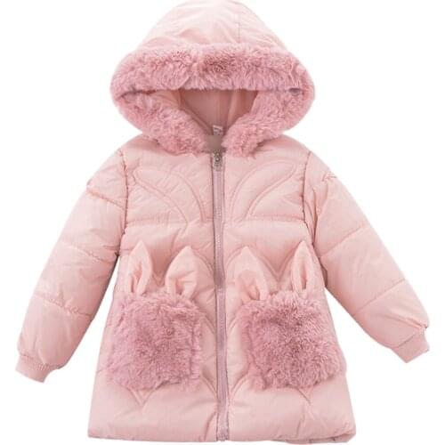 Winter girl coat thick plus velvet warm plush pocket fashion coat girl casual warm fur collar hooded outwear childrens clothing