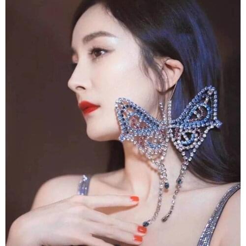 1pcs fashion women Rhinestone exaggerated pendant butterfly earhook exquisite girl sparkling crystal Tassel Earrings Party Gift