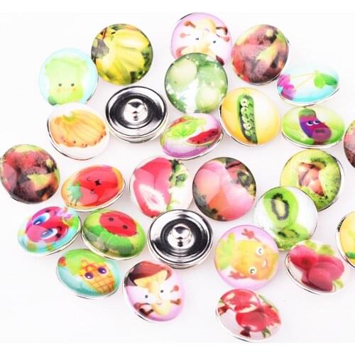 Mix Style 10pcs Colorful Snap Buttons in Vegetable Fruits Pattern Silver Plated Glass Cabochon Jewelry Charm Fit 18mm Buttons