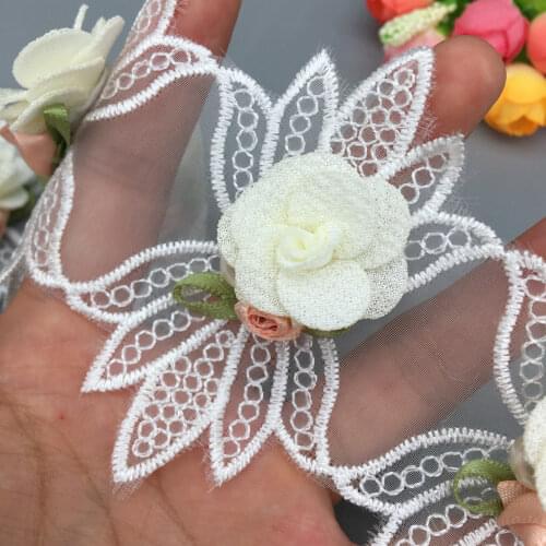 10x Nigerian lace Fabric Pearl 3D Rose Flower Lace Trim Voile Embroidered Ribbon Trimmings Wedding Dress DIY Sewing Craft 7.5CM