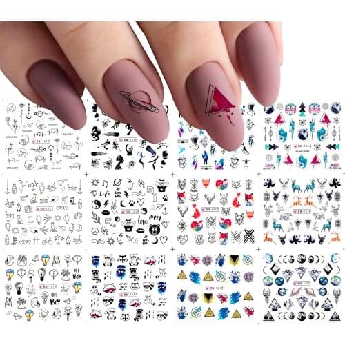 12 Design Geometric Nail Sliders Water Sticker Set Retro Style Watercolor Ink Nail Art Transfer Decals Manicure Decoration