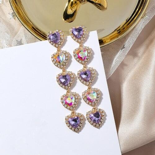 2019 New Long Luxury Purple Multicolor Love Heart Shiny Rhinestone Drop Dangle Earrings for Women Korean Style Pendientes 5C3032