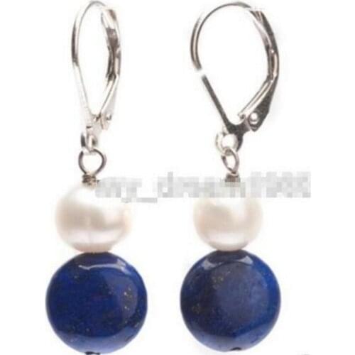 Free Shipping 8-10mm enuine White Pearl Natural Blue lapis lazuli 925 Leverback Earring Natural stone bread Earing big earrings