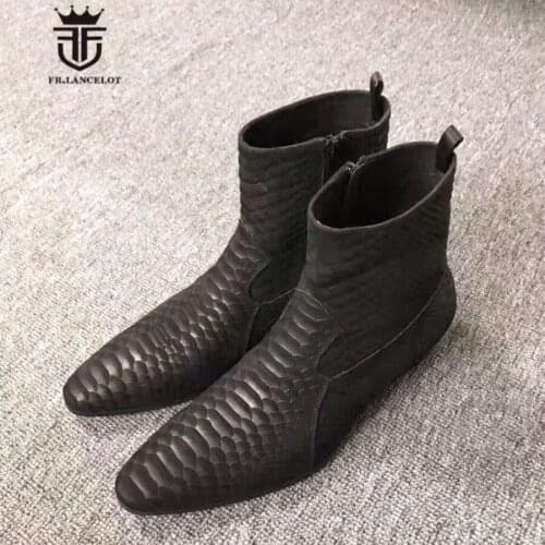 Personalized Exclusive Handmade Python pattern Cow Leather Pointed Toe Zip Ankle Boots Luxury Men Wedding Parting Slim Boots