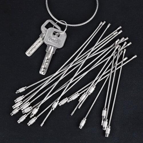 Oauee 10Pcs 10cm 20cm Keychain Tag Rope Stainless Steel EDC Wire Cable Loop Screw Lock Gadget Ring Key Keyring Hand Tool