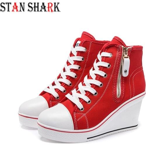 Women Canvas Wedges Shoes Canvas Side Zipper Height Increase Casual Heels Shoes High Top Platform Wedges Sneakers Big Size 35-43