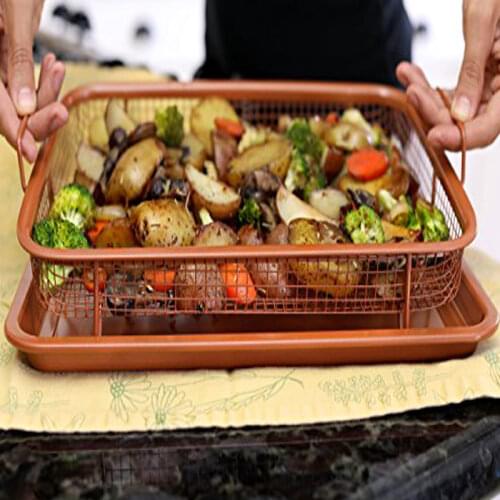 Metal Copper Tray Microwave Oven Copper Baking Tray BBQ Tray Fry Pan Non-stick Chips Basket Baking Dish Grill Mesh Kitchen Tool