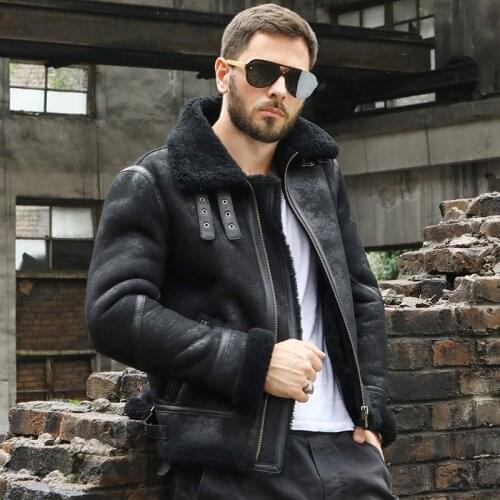 Shearling Sheepskin Real Leather Fur Coat male B3 Bomber Jacket Aviator Outerwear Mens Motorcycle Thick Winter Warm Jacket