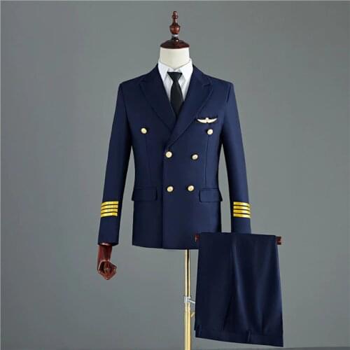 2020 Navy Blue Black Suits Men Two-piece Captain Suits Jacket Pants Men Groom Wedding Slim Fit Suit Party Costume Homme Tuxedo