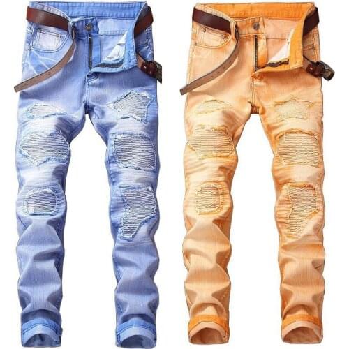 2021 Men’s Pure Color Slim-fit Motor&Biker Jeans,Classic Style Hole Patched Denim Pants,5 Color Choice,Youth Fashion Must