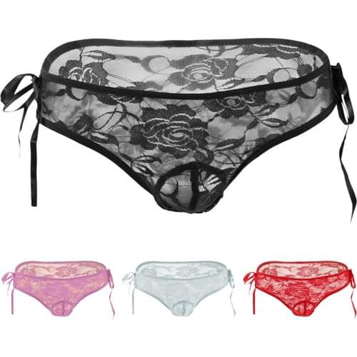 Mens Underwear Sexy Lace Side Bowkhot Rope Transparent Jock Bikini G-string Solid Breathable Gay Underwear culotte dentelle 03