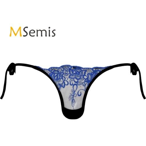 Mens Lingerie Sissy Underwear See-through Mesh Embroidered Thongs Low Waist Lace-up G-string Briefs Underpants T-back Panties
