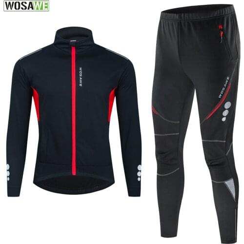 WOSAWE Mens Cycling Jacket Set Winter Fleece Bike Jersey Top Windproof Fleece Lining Warm Sports Trouser MTB Cycling Clothing