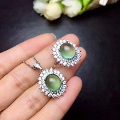 Natural green prehnite Ring Pendant Natural Gemstone Jewelry Set S925 Silver Luxurious elegant Princess girl party gift jewelry