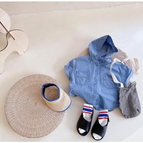 2021 new girls boys denim hooded shirt cotton linen summer short sleeve kids top