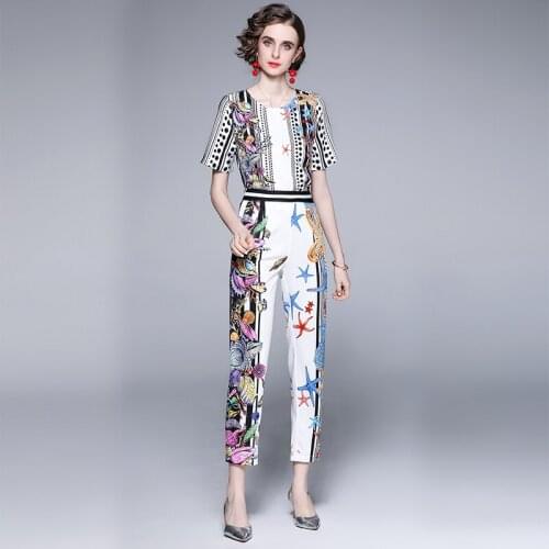 2021 Runway Summer 3D Printing Polka Dot Starfish Round Neck Short Sleeve T-shirt + Casual Long Pants 2 Pieces Set Suit