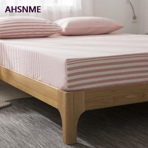 AHSNME Pure Cotton Fitted Sheet Soft Cool Summer Pink Stripes Grid Bed Sheet 90x200/120x200/180x200cm