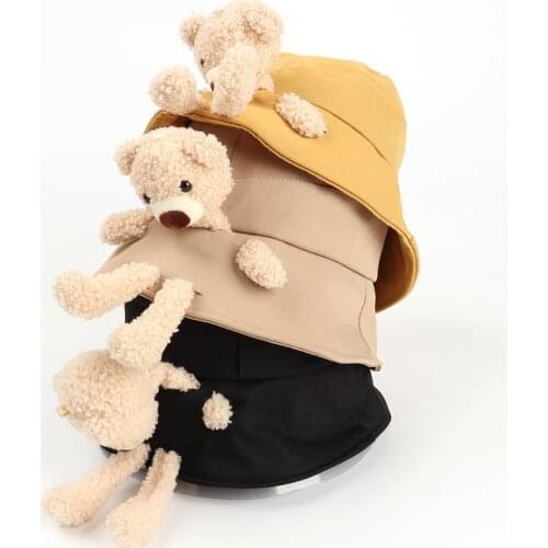 Fashion Plush Bear Korean Version FishermanS Hat Flat Top Collapsible Sun Protection Outdoor Basin Cap Summer WomenS Hat