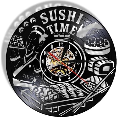 Sushi Time Antique Wall Clock Japanese Dish Foodie Vinyl Record Clock Sashimi Asian Restaurant Wall Roll Clock Sign Gourmet Gift