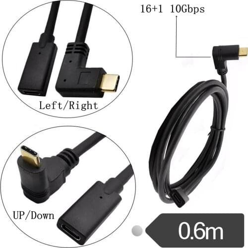 Type-C USB 3.1 Male to USB-C Female 90 degree Extension Data Cable Extender Cord Reversible Design 10Gb/s 0.3m 0.6m 1m 1.8m