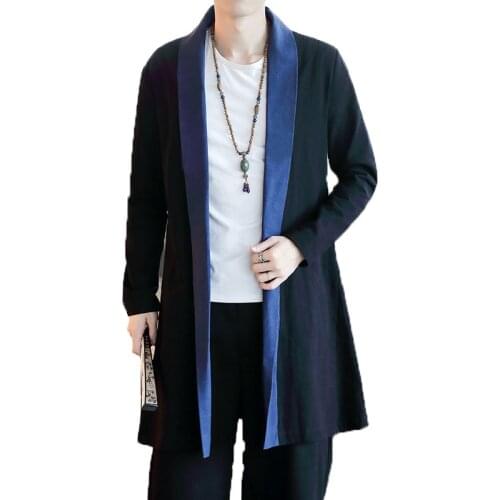 Mens Trench Coat Jacket Men Black Solid Kimono Men Fashion Casual Long Cardigan Jacket Male Solid Color Autumn Long Outerwear