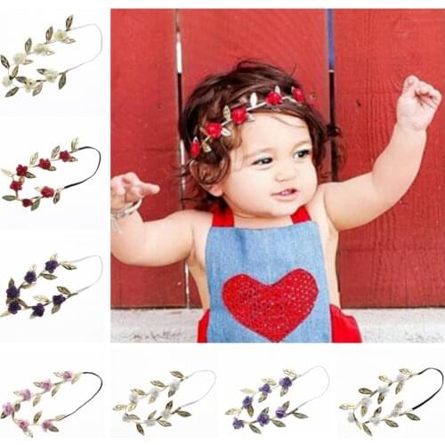 Yundfly 8PCS Newborn Rose Flower Headband Gold Leaves Elastic Children Hair Band Outdoor Party Headwear Kids Hair Accessories