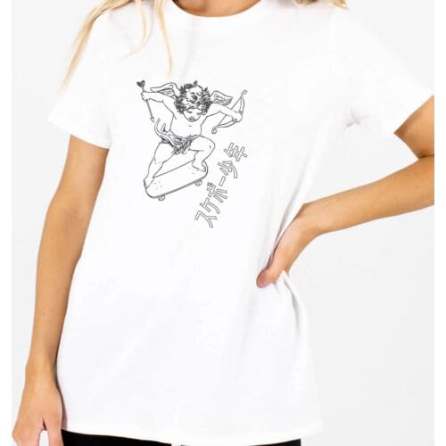 Skateboarding Cupid Womens T-Shirt Summer Female Streetwear Casual Oversized Tshirt Harajuku Cute Aesthetic Angel Print Top