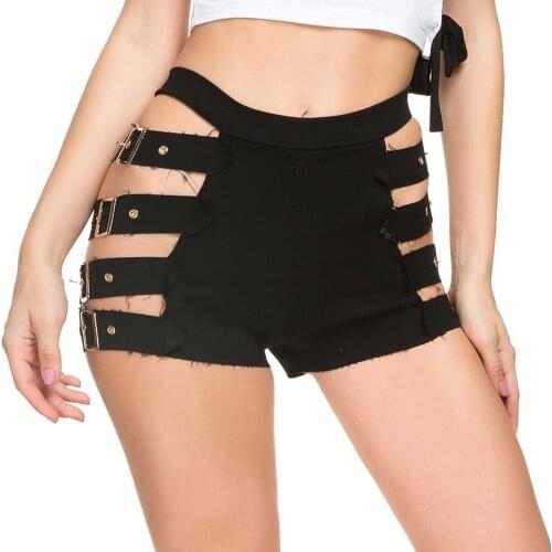 Womens Side Buckle Hollow Out Mini Shorts Sexy Hot Stretchy High Waist Ripped Summer Jeans Nightclub Casual Wear