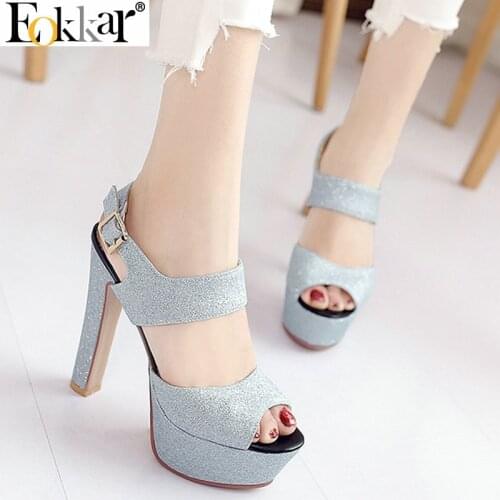 Eokkar 2019 Women Pumps Square High Heel Block Heel Glitter Pumps Peep Toe Ankle Strap Pumps Women Sandals Big Size 34-43