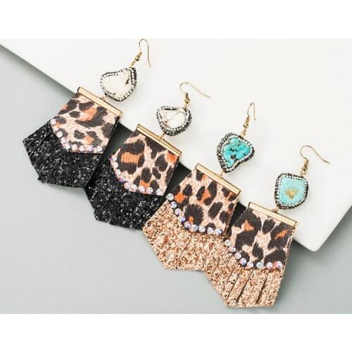 Shield Leopard Glitter Leather Fringe Paved Crystal Raw Natural Turquoise Stone Earrings for Women Big Summer Jewelry Wholesale