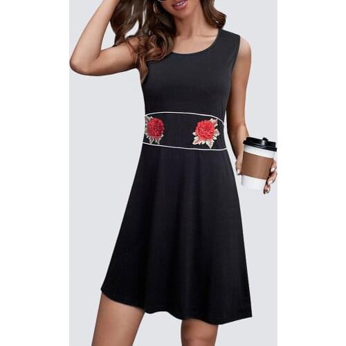 Women Summer Casual Sleeveless Round Neck Floral Embroidery Loose Flowy Straight Mini Dress HT031