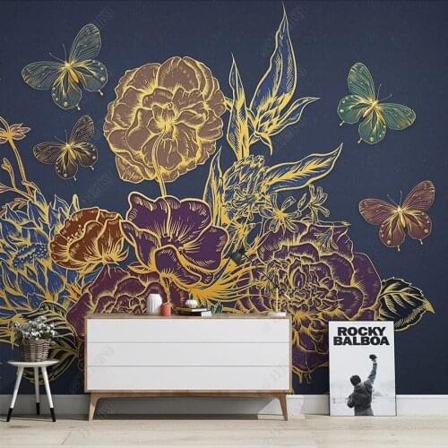 Custom 3D Wallpaper Golden embossed flower lines Mural Background Wall Murals Non-woven Plant Wallpaper Luxury Home Decor Fresco