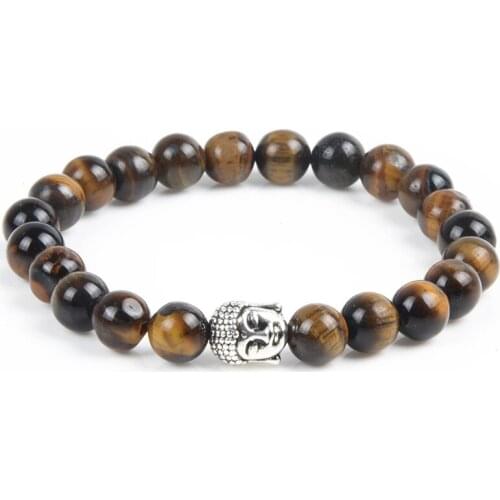 Buddha Beads Bracelets Buddha Head Tiger Eye Black Agate Natural Stone Elastic Rope Energy Healing For Women Men