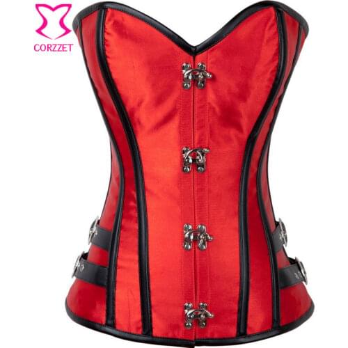 Black PVC Rimmed Red Satin Bustier Gothique Overbust Corsets And Bustiers Sexy Corset Top Gothic Clothing Korsett For Women