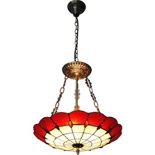 European Retro Red & White Shade Pendant Lamp Modern Tiffany Style Uplighter Hanging Light Restaurant Living Room Fixtures PL744