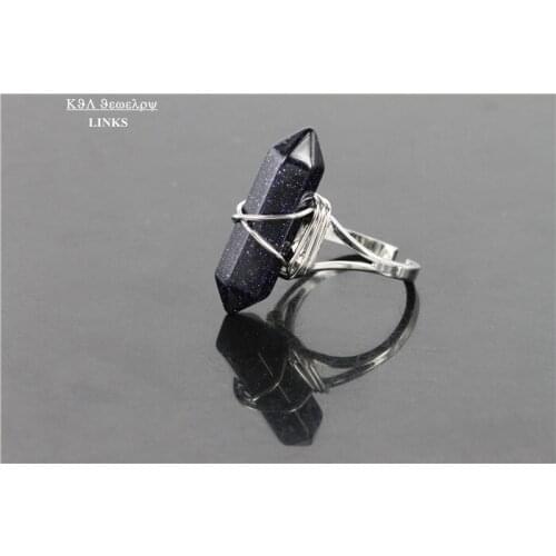 Healing Blue Sand Hexagon Prism Point Stone Ring Druzy Double Point Gem Stone Wire Wrapped Ring Statement Anniversary Jewelry