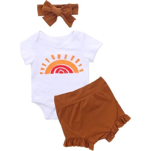 3Pcs Fashionable Baby Girls Outfit Summer Short Sleeve Round Collar Rainbow Printing Romper + Solid Shorts + Headwear Baby Sets