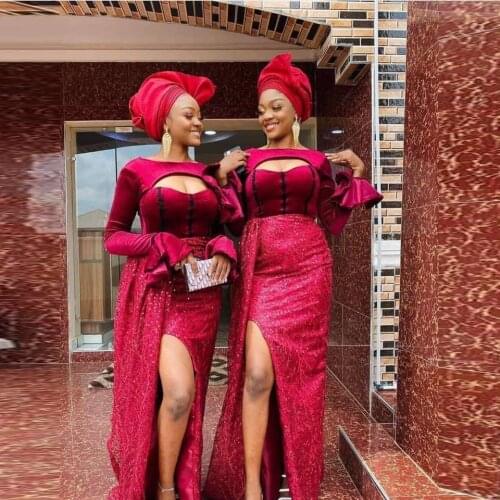 Red African Evening Dresses Mermaid Sexy Neck Sequins Side Split Prom Dress Aso Ebi Plus Size Long Sleeve Bridesmaid Dress