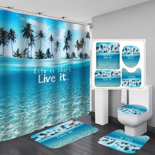Summer Ocean Scenery Fabric Shower Curtain Blue Sea Pedestal Floor Mat Non-slip Bath Mats Sets Bathroom Curtains with 12 Hooks