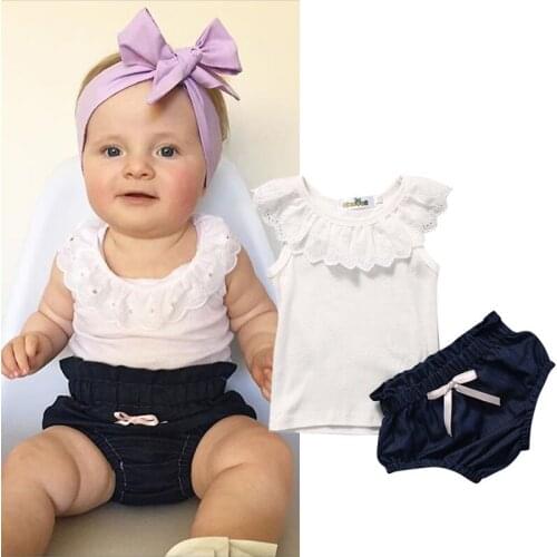Newborn Infant Baby Girls Clothes Lace Sleeveless TankTops+Denim Shorts Pants 2PCS Toddler Baby Summer Clothing
