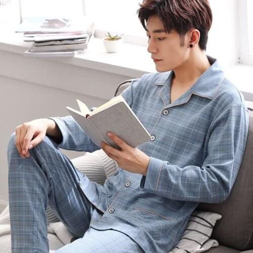 Mens pajamas, cotton long-sleeved, spring and autumn plus fat and thinner home service suit