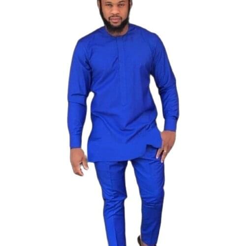 African Fashion Solid Long Sleeve Shirt And Pant Sets Mens Groom Suits Royal Blue Tops+Trousers Male Party Wears