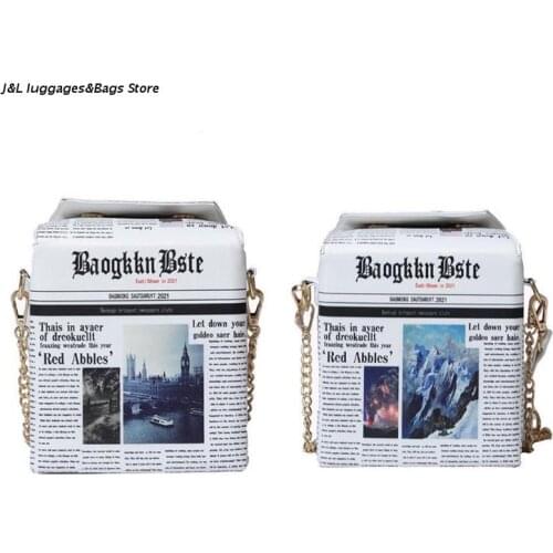 M68C Novelty Newspaper Crossbody Bag Leather Shoulder Bags for Women Chain Handbag Fashion Top-handle Messenger Bag